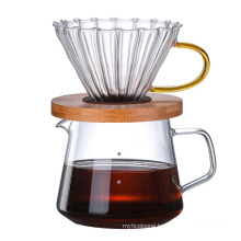 Promotion Cheap V60 Single Drip Glass Coffee Pot Set with Wooden Brackets and Filter Cup